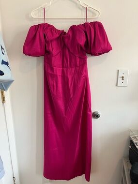 Abercrombie & Fitch Fuchsia Off-Shoulder Puff Sleeve Midi Dress